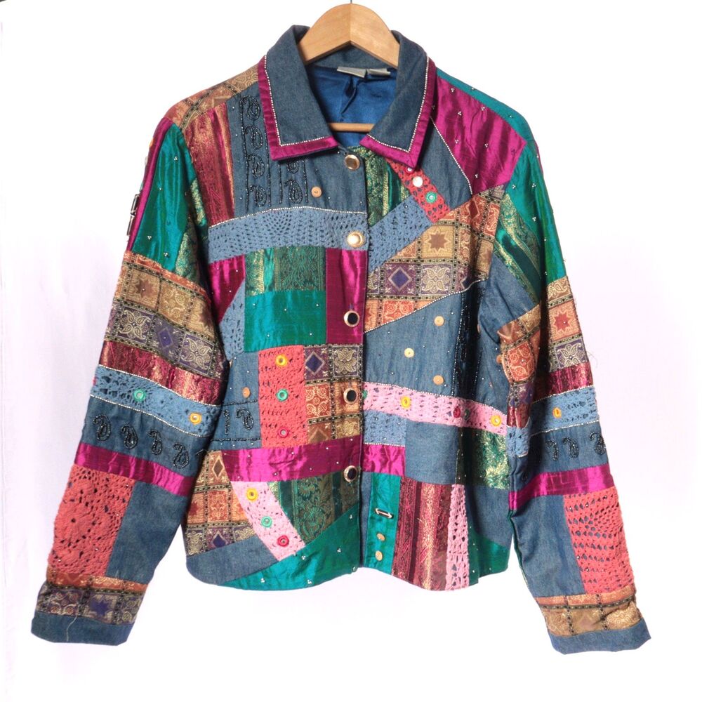 VTG Bleu‎ Bayou Colorful Novelty Jacket Sz L Retro Maximalist Patchwork Buttons